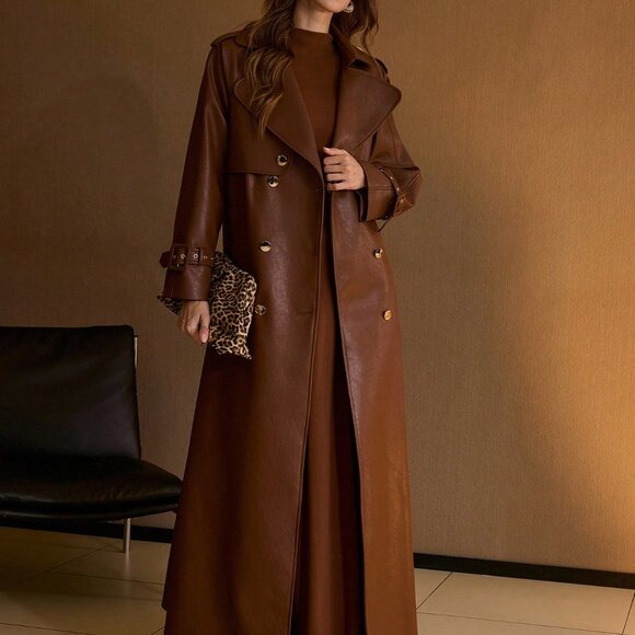 Brown Elegant Women's Double Breasted Belted Trench Coat - Picture 5 of 8